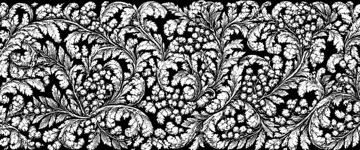 Dense white acanthus scrollwork engraving with stippled berry
                  clusters and curling tendrils on a solid black ground,
                  generated as a seamless repeating band for a pistol slide
                  panel