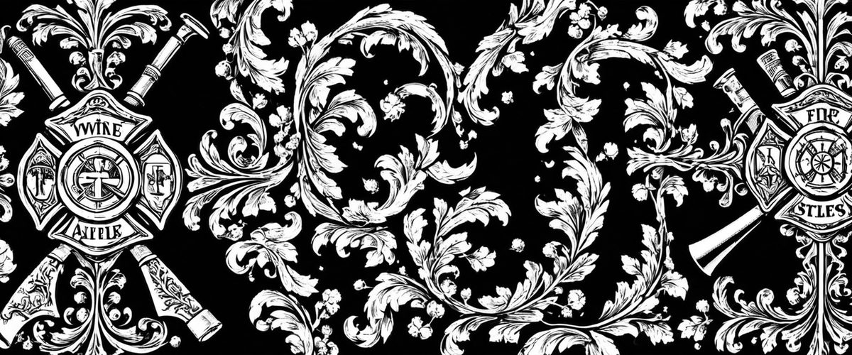 Firefighter Maltese cross and crossed axes worked into white acanthus engraving on black, a themed gun engraving panel