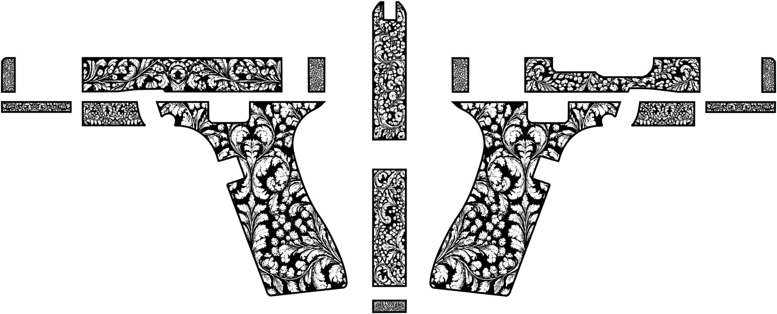 A complete Glock 19 engraving wrap laid out flat: every panel of the slide, frame and grip filled with matching acanthus scrollwork, ready to cut