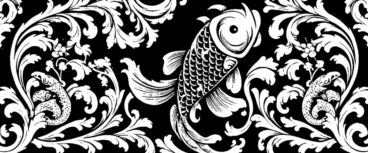 Koi fish and breaking waves engraved in white line work on black, shown after the hard threshold that produces the file a laser actually cuts