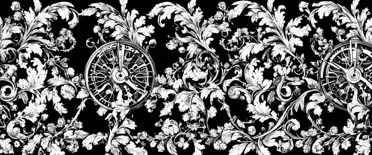 Clockwork gears and pressure gauges rendered as white engraved line work seated in acanthus scrollwork, a themed engraving panel on a black ground